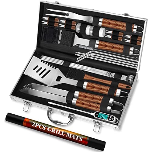 Image of ROMANTICIST 29pcs BBQ Accessories Tools Set, Gifts for Men Dad Father’s Day Birthday, Stainless Steel Heavy Duty Grill Utensils Kit with Thermometer, Mats in Aluminum Case for Outdoor Camping Brown