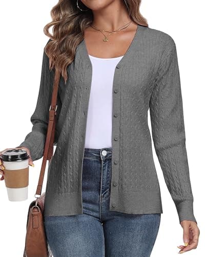 Image of YUNDAI Womens Cardigan V Neck Long Sleeve Lightweight Button Down Open Front Jumpers Cardigans Cable Knit Outerwear Tops for Ladies, Medium Gray