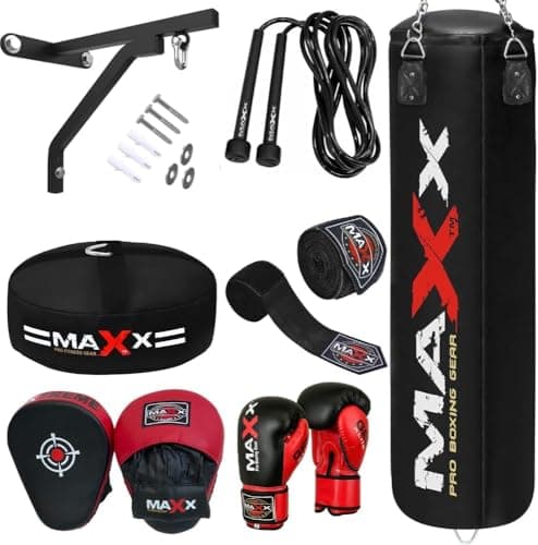 Image of Maxx Gym Set 3FT TO 5FT Boxing Punch Bag Set with Gloves, Focus Pads, Floor Anchor Bracket, Rope, Hand Wraps, and Chain – Complete Training Equipment Package (5FT, 12OZ)