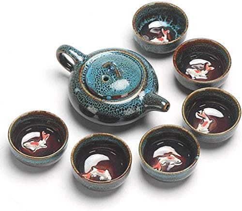 Image of Kung Fu Teapot and Cup Set, Kung Fu Tea Set, Chinese and Japanese Retro Handmade, Porcelain Teapot, 6 Tea Cups, Gift Box (Blue)