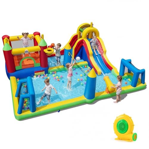 Image of COSTWAY Inflatable Water Park, Kids Bouncy Castle with Slide, Climbing Wall, Splash Pool, Water Cannon, Volleyball Net, Football Goals & Punching Bag, Outdoor Blow Up Bounce House (with Blower)