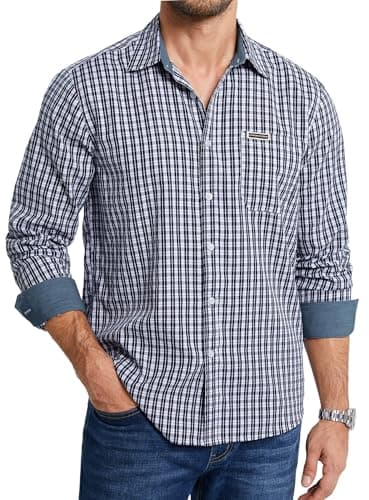 Image of Enlision Check Shirts for Men Adult Blue and White Men's Checked Plaid Shirts Long Sleeve with Contrast Collar Buttoned Smart Casual Gingham Tartan for Daily Work L