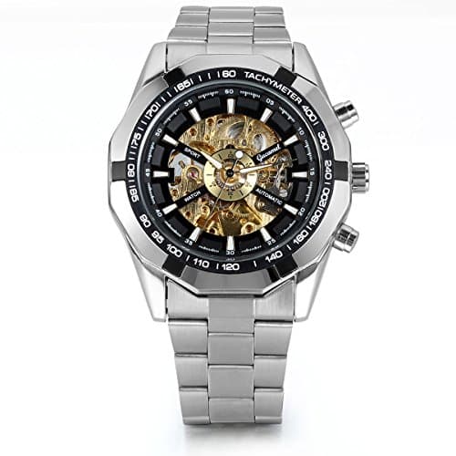 Image of JewelryWe Mens Skeleton Wrist Watch: Classic Mechanical Automatic Watch Black Bezel Skeleton Dial Stainless Steel Steampunk Dress Watch for Fathers Day Valentines Day Birthday