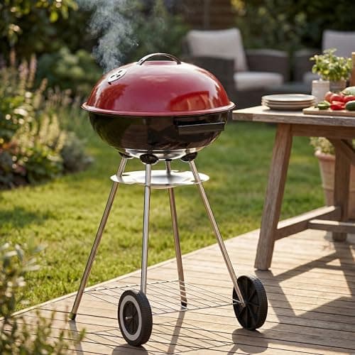 Image of Garden Vida Memphis Patio 21" BBQ Grill | Red & Black | Chrome Plated | 84H x 45.5W x 53D cm | Space-Saving, Air Vent, Tray, Storage Shelf | Grill Meat, Fish & Vegetables at Home, Garden & Camping