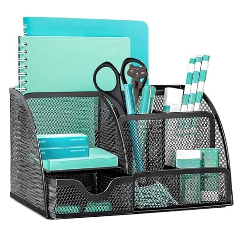Image of OKPOW Mesh Desk Organiser,Multi-Use Desk Tidy & Pen Holder with 6 storage and 1 Slide Drawer,Stationary Organiser for School,Home,Office desktop supplies (Black)