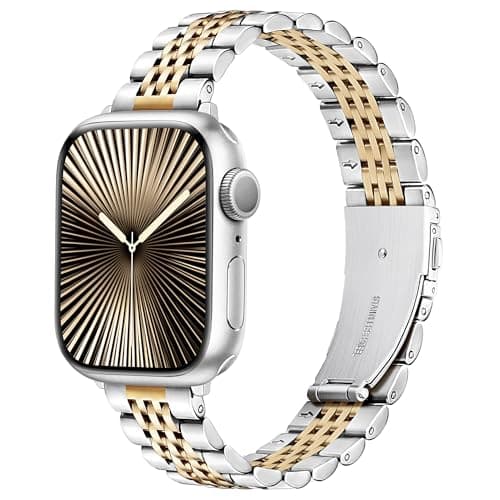 Image of wipalor Stainless Steel Strap Fit Apple Watch Straps Women 46mm 45mm 44mm 42mm(Series 3 2 1) 49mm, Ladies Metal iWatch Straps Band for iWatch Strap Series 10 SE 9 8 7 6 5 4 3 2 1 Ultra, Silver/Gold