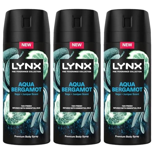 Image of Lynx Fine Fragrance Collection 72 Hour Fresh, Odour and Sweat Protection Premium Deodorant Body Spray Infused with Essential Oil for Men 150 ml, 3 Pack (Aqua Bergamot)