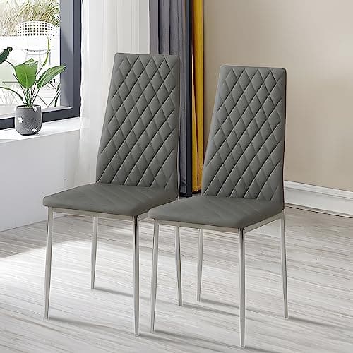 Image of Warmiehomy Dining Chairs Set of 2 Kitchen Faux Leather High Back Grey Chairs Set with Metal Leg Padded Seat for Dining Kitchen Room