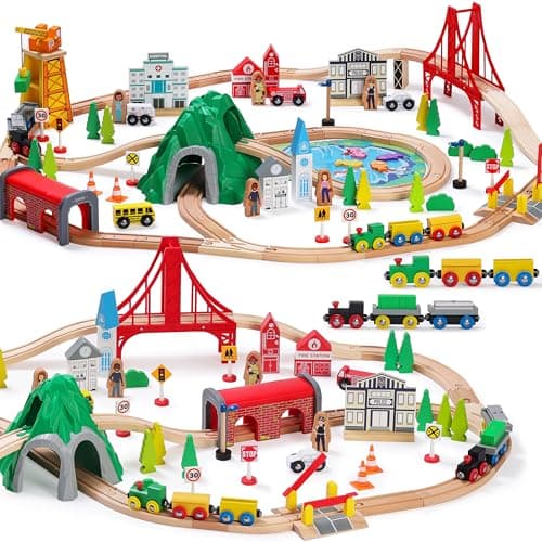 Image of SainSmart Jr. Wooden Train Set 112 Pieces, City Railway Set with Bridge, Tunnel & Crane, Double-Sided Tracks, Compatible with Brio, Thomas & Melissa & Doug, Toy for Kids Age 3+