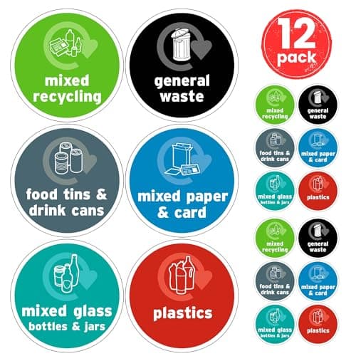 Image of Recycling Bin Stickers Signs for Bins 12x Pack - 6 Designs, 100mm x 100mm, Self-Adhesive Vinyl Stickers, Waterproof Decals, Indoor Outdoor General Waste Signs – Mixed Waste, Made in UK.