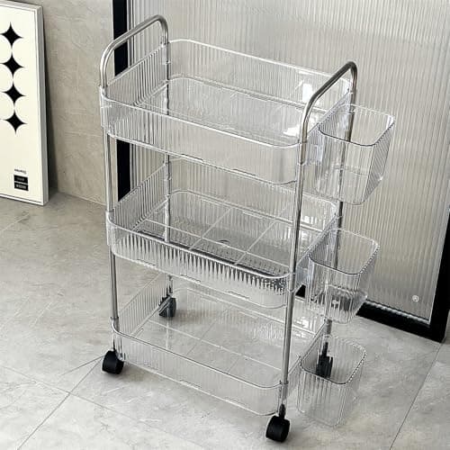 Image of 3 Tier Clear Storage Trolley with Metal Frame Plastic Storage Shelf on Wheels Transparent Rolling Utility Cart with Hanging Baskets for Bathroom Laundry Room Kitchen Organiser Freestanding