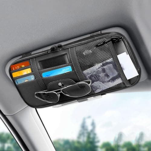 Image of Linkstyle Car Sun Visor Organizer, Auto Interior Leather Storage Pocket Pouch, Sunglasses Holder for Car, Bag for Card License Registration Pen