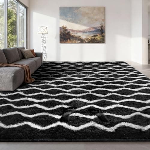 Image of Sour Lemon Rugs Living Room 160x230cm, Black and White Striped Area Rug for Bedroom Anti Slip, Extra Large Shaggy Fluffy Rug, Modern Washable Floor Carpets for Lounge, Bedside Rugs for Kids Room