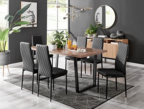 Image of Furniturebox UK Dining Set - Kylo 160cm Large Brown Wood Veneer 6 Seater Dining Table with Industrial Black Legs & 6 Black Faux Leather and Metal Leg Milan Dining Chairs