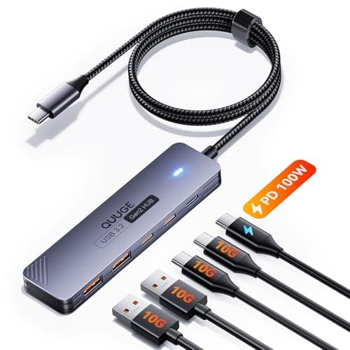 Image of QUUGE USB C Hub 10Gbps with 100W PD, 4-Port USB Adapter with 2×USB 3.2 Gen 2 & 2×Type-C Data Ports, 1m Nylon Cable, Plug & Play USB-C Splitter for MacBook, iPad, Laptop – Grey