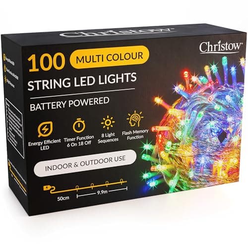 Image of CHRISTOW Christmas Fairy Lights Battery Operated, Multi-Coloured LED String Lighting with Timer, Indoor & Outdoor, 8 Light Modes Flashing & Static Glow, Clear Cable (100 LED / 10m Lit Length)