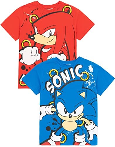 Image of Sonic The Hedgehog Kids T-Shirt Pack Of 2 | Blue Sonic and Red Knuckles Graphic Tee for Boys & Girls | Short Sleeve Multicoloured Multi-Pack Gaming Top Set | Gamer Merchandise Gift Bundle for Children