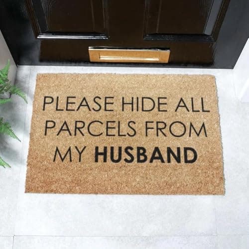 Image of Artsy Mats - Please Hide All Parcels From My Husband Doormat - Made from Tufted Coconut Fibre - Non-Slip Natural Rubber Backed Door Mats - Heavy Duty, Decorative Outdoor Mats (60x40cm)