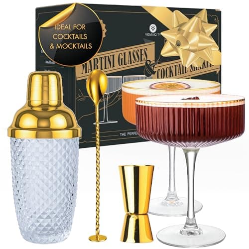 Image of Vemacity Luxury Glass Cocktail Shaker Set | 500ml Gold Shaker w/Inbuilt Strainer + Ribbed Espresso Martini Glasses Set of 2 | Gold Spoon & Jigger | Cocktail Making Kit | Ideal for Gifting