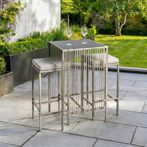 Image of OHS Breakfast Bar Table and Stools Set, Square Bar Table 2 Cushion Bar Stools Rattan Metal Frame Glass Top Dining Table and Chairs Space Saving for Kitchen Party Room - Amalfi, Grey