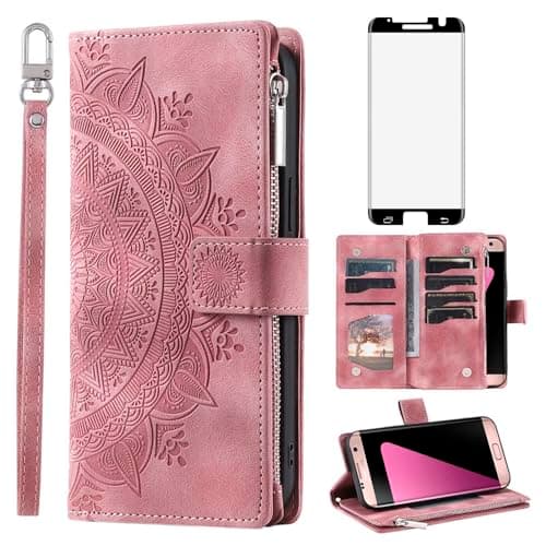 Image of Phone Case for Samsung Galaxy S7 Edge Wallet Cover With Tempered Glass Screen Protector Wrist Strap Mandala Flower Leather Flip Zipper Card Holder Cell S7edge S 7 GS7 7s 7edge Women Men Rose Gold