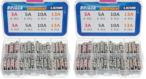 Image of BOJACK 4 Values 64 pcs 3 5 10 13 A amp 240 V Volt Household Mains Plug Fuse 6.3x25 mm 0.25x1Inch BS1362 Ceramic Tube Cartridge Fuses Assortment Kit packag in a Clear Plastic Box (Pack of 2)