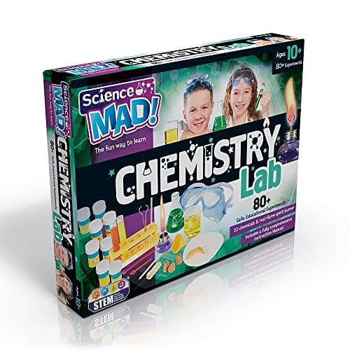 Image of Science Mad SM40 Chemistry Lab Kit For Kids - Learn About Chemicals With 80+ Safe, Educational Fun Experiments - Includes 10 Chemicals and Real Flame Burner, 10+ Years,Multicolor,39cm
