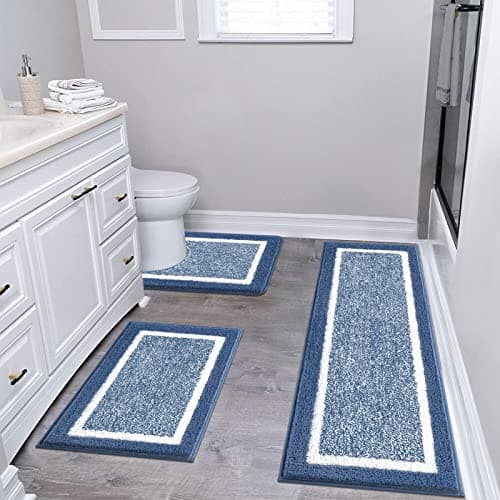 Image of Pauwer Fluffy Bath Mat Sets 3 Piece Washable, Microfiber Non Slip Washable Bath and Pedestal Mat Sets Water Absorbent Bathroom Floor Carpet Rug Shower Rug, Blue