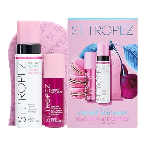 Image of St.Tropez Self Tan Cherry Macaron Kit, Iconic Classic Mousse 200ml, Limited Edition Pink Mitt & New Hair & Body Cherry Macaron Fragrance Mist