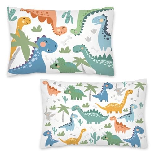Image of NymphFable Dinosaur Toddler Pillow Covers, 2 Pack Soft Velvet Kids Cartoon Baby Pillowcase for Boys Girls Bedroom Playroom, 45x33cm