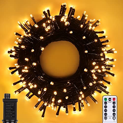 Image of Vacoulery Lights Mains Powered 20M 200 LED Warm White Fairy Lights 8 Modes Fairy Lights Plug in with Remote Control & Timer for Christmas Outdoor Indoor Garden(Black Cable)