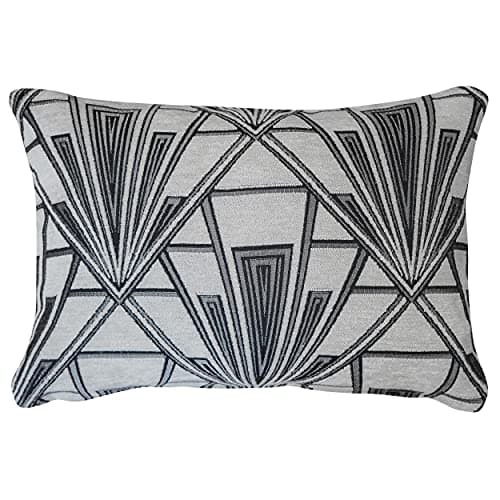 Image of Linen Loft Art Deco Geometric Boudoir Cushion Cover. Pearl White and Silver Vintage Design. Luxury Velvet Chenille. 17x12 Rectangle. Cover Only.