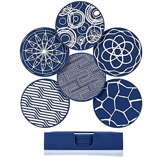 Image of Drink Coasters Set of 6, Blue Round Silicone Rubber Cup Pad with Square Storage Box Non-slip Mug Mat Decorative Cup Coasters for Homes Bars Coffee & Most of Cups Beer Mug Wine Glass Bottle - 9.8cm