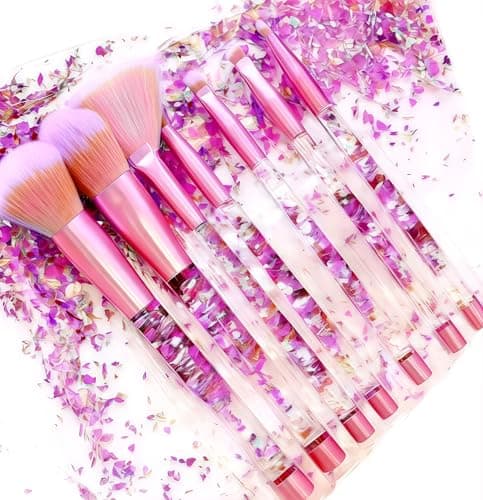 Image of RUIGOON Unicorn Glitter Makeup Brush Set, Sparkle Fan Liquid 7pc Foundation with Lip Eye shadow Nose Eyebrow Blush Loose Powder in for Teen Girls Women Chirldren Kids Gift Present, pink