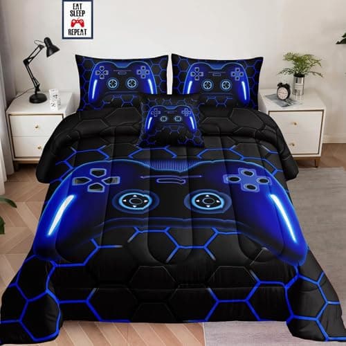 Image of Tabeskly Boy Kids Hexagon Geometry Gaming Gamepad Gamer Bedding Double Duvet Cover Sets Bed Zipper Blue Black 200×200cm