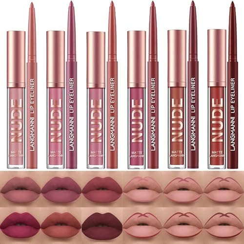 Image of LANGMANNI 6 Matte Lipstick with 6 Lipliners Durable Lip Gloss,Long-Lasting&Waterproof Non-Stick Cup High Pigmented Velvet Lipgloss Kit,Beauty Cosmetics Gift for Girls(12PCS)
