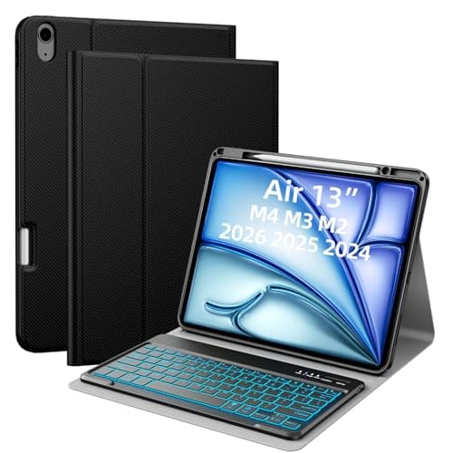 Image of JUQITECH iPad Air 13 inch Keyboard Case M4 M3 M2 2026/2025/2024, 7 Colors Backlit Bluetooth Removable Keyboard Smart Multi-Angle Soft Folio PU Protective Cover Case with Apple Pencil Pro Holder,Black