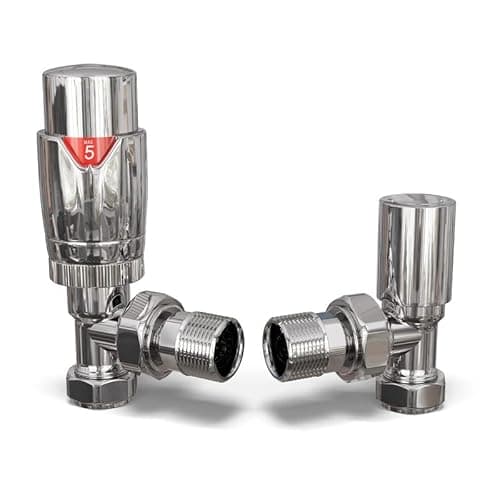 Image of UK Radiators Chrome Thermostatic Radiator Valve and Angled Lockshield Valve - Polished Chrome Finish - Classy and Modern Design 1/2" x 15mm Angled Radiator Valve