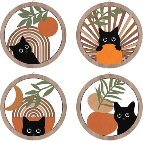 Image of HPNIUB Boho Black Cat Wall Decor, Farmhouse Geometric Hanging Wooden Wall Art, 4 Pieces 10''x10'' Mid Century Bohemian Abstract Moon and Sun Wood Sign for Nursery Bedroom Decoration, Lovely Cat Gifts