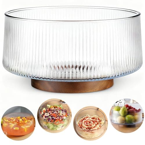 Image of NiHome Extra Large 4.5L Glass Salad Bowl with Natural Acacia Wood Base, Ribbed Design Oversized Capacity for Family Dinners, Parties & Gatherings, Multipurpose for Serving Salads, Fruits, Wine