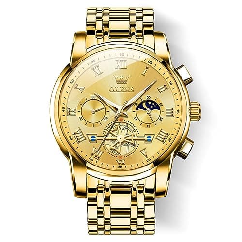 Image of OLEVS Men's Wrist Watches Two Tone Stainless Steel Quartz Watch Diamond Chronograph Moon Phase Gold Blue Black Dial Male Watch Waterproof Luminous