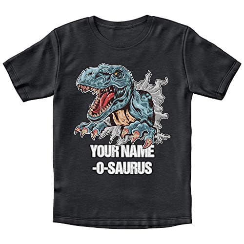 Image of Purple Print House Dinosaur Gift for Boys, Personalised T Shirts, Custom Name Printed Tshirts, T-Shirt Baby Toddler Black White Red Top, Black, 7-8 Years