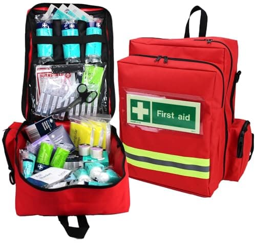 Image of EVAQ8 First Response First Aid Kit in Red Rucksack British Standard Compliant UK Assembled