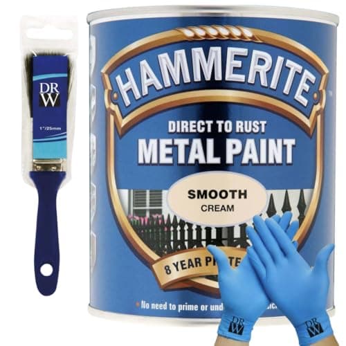 Image of DRW Hammerite Direct to Rust Metal Paint Smooth Cream 250ml 1" Paint Brush & Free Nitrile Gloves | Durable Anti-Rust Protection for Indoor & Outdoor Metal
