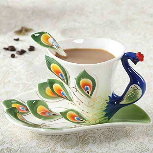 Image of Creative Mug Peacock Coffee Cup Ceramic Creative Mugs Bone China 3d Color Enamel Porcelain Cup with Saucer and Spoon Coffee Tea Sets 180ml Green