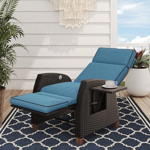 Image of Grand patio Recliner Sun Lounger Adjustable Position Backrest Armchair with Flip Table and Cushion Lounge Chair Sunlounger for Garden, Yard, Patio, Outdoor - Peacock Blue Cushion & Brown Wicker