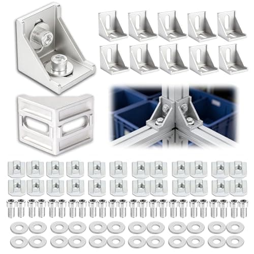 Image of 12 Pcs 4040 Aluminium Corner Brackets 90° L-Shape Angle Connectors for 4040/4060/4080 T-Slot Aluminium Extrusion Profiles with 8mm Slot M8 Screws T-Nuts and Washers