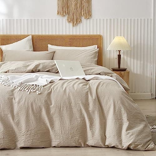 Image of Sacebeleu Cotton Duvet Cover Set Beige Super King Size Plain Bedding Set 3 pcs Quilt Cover ith Zipper Closure 230x260cm with 2 Pillow cover 50x75cm