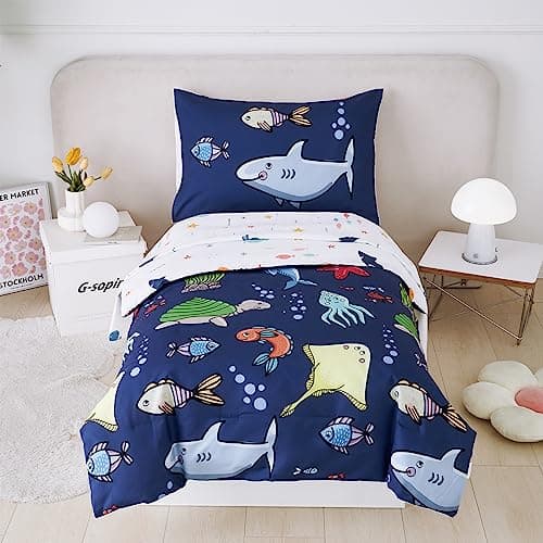 Image of STYHO Navy Blue Toddler Bedding Ocean Animal Printed Duvet Cover for Boys Girls Reversible Underworld Marine Life Cot Bed Duvet and Pillowcase Set(Navy Blue, Cot Bed)