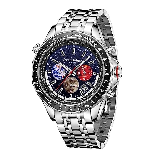 Image of SWAN AND EDGAR World Timer Mechaquartz Chronograph Designer Watch for Men with Saphire Glass, Hand Assembled 30m Water Resistant Analogue Men's Watch - Steel Blue